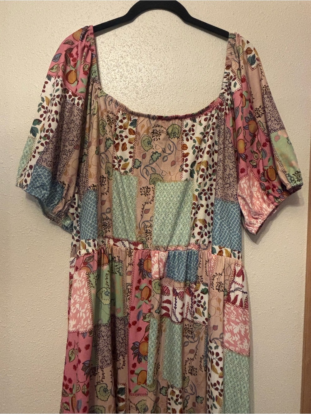 Bloom Chic Patchwork Floral Boho Midi Dress in Pink, Green & Cream - Picture 4 of 5
